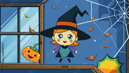 A cute cartoon witch in a pointy black hat and fun costume carries a pumpkin on a broom, ready for a magical Halloween night celebration