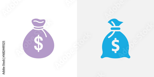 Two Money Bags Icons in Pastel Purple and Blue with Dollar Signs