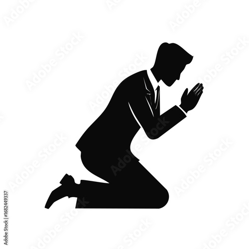 Businessman Kneeling in Prayer, Humble Silhouette