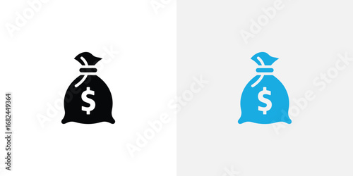 Two Sacks of Money Icons in Black and Blue on Grey Backgrounds