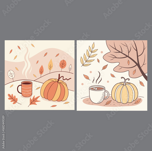“Vector illustration of cozy autumn scene with hot coffee mug, pumpkin, and fallen leaves, soft pastel colors, flat modern design.”