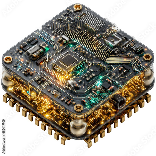 A close up shot of a complex circuit board with intricate pathways and components glowing isolated on transparent background