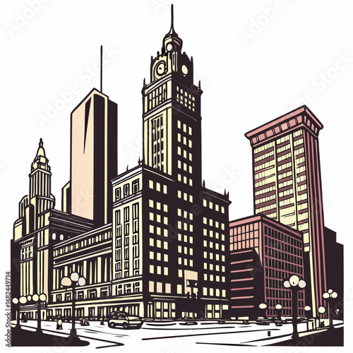 Tall buildings with clock tower and streetlights cityscape