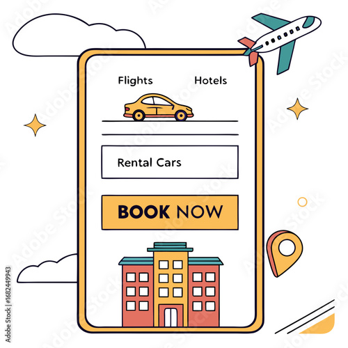 Travel booking app with airplane car hotel and map pin