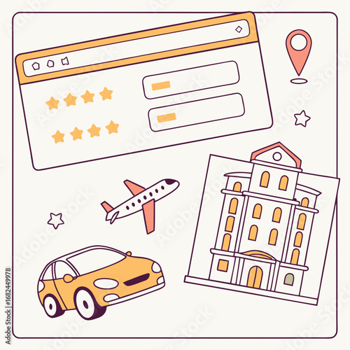 Travel booking car airplane hotel location stars location pin