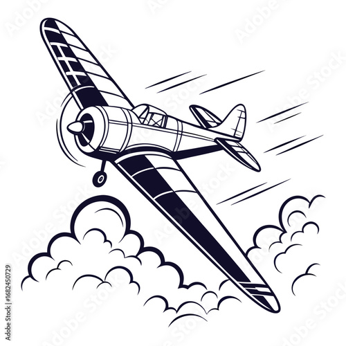 Vintage propeller airplane flying through clouds vector