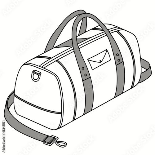 White duffel bag with grey straps and buckle travel bag