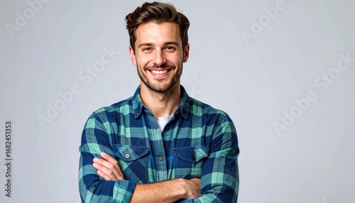A handsome, smiling man in a blue & green plaid shirt stands with crossed arms against a neutral backdrop, projecting confidence and approachability