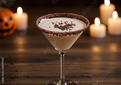 Creamy Dessert Cocktail with Chocolate Sprinkles and Halloween Atmosphere in Soft Lighting