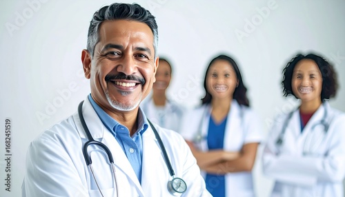 Smiling doctor in a white coat, with three female doctors in the background, all smiling. Bright, professional medical environment