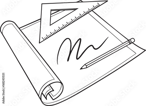 Vector illustration line art icon of blueprint paper with pencil and triangle ruler for planning, drafting, architecture, and design concepts
