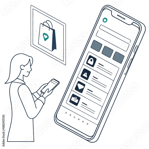 Woman using mobile app for shopping mobile phone shopping bag