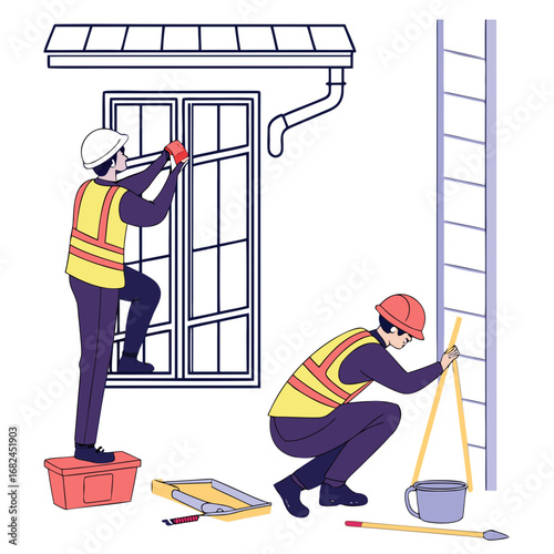 Workers repairing building exterior with tools construction