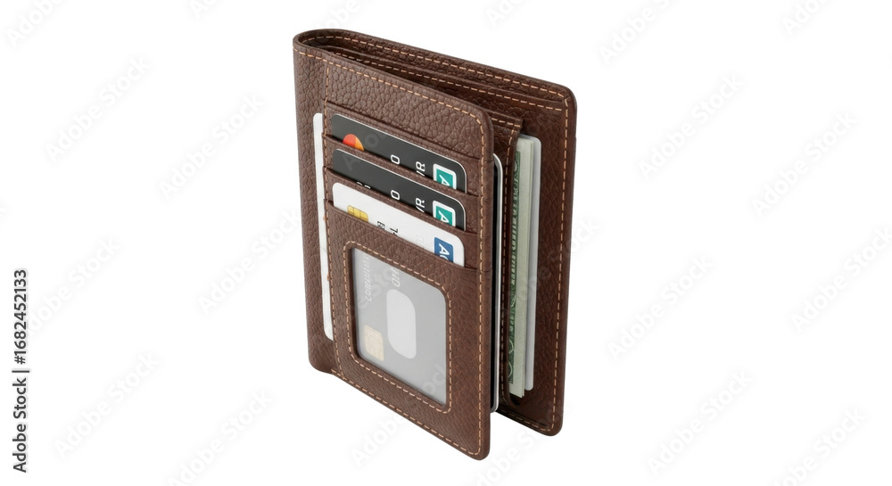 Fototapeta premium Stylish brown leather wallet filled with credit cards and cash, perfect for modern professionals seeking organized finance and security.