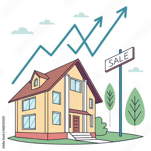 Yellow house with sale sign and upward trend graph