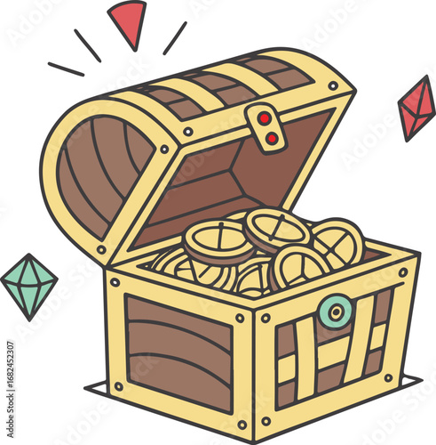 Treasure Chest with Gold Coins and Gems – Cartoon Pirate Loot Illustration
