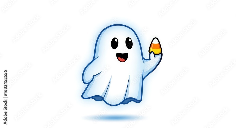 Friendly cartoon ghost holding candy corn, perfect for Halloween fun and treats