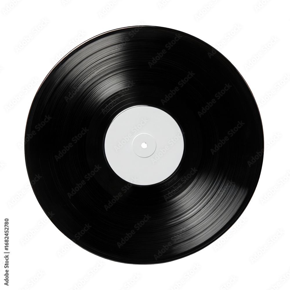 Obraz premium Black vinyl record with white label. Circular, full view. Textured black surface, smooth white center