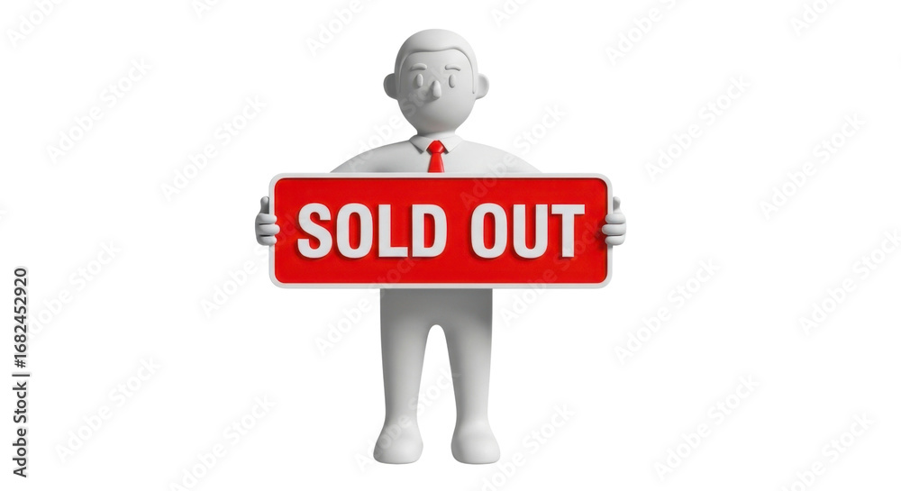 Fototapeta premium Charming 3D character proudly displays a bright red 'SOLD OUT' sign, signaling successful sales and high demand