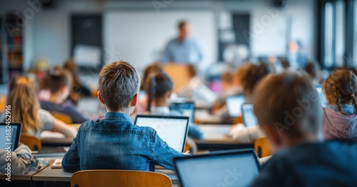 Students Focused on Lesson in Modern Classroom with Laptops
