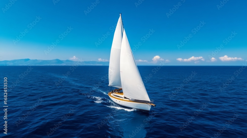 Obraz premium Sailing Boat with White Sails Gliding Through Clear Blue Ocean Under Sunny Sky