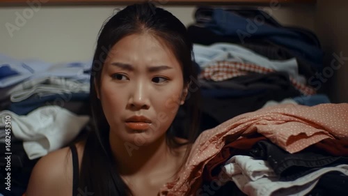 Woman overwhelmed by laundry in a cluttered closet