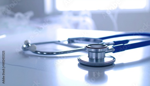 Stethoscope on a bright white surface, with a blurred window in the background, creating a clean and professional medical ambiance