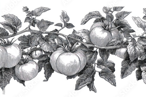 Monochrome illustration of a tomato vine with several ripe tomatoes and lush foliage, presented as a horizontal seamless pattern