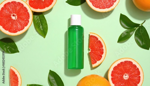Green bottle sits amidst sliced grapefruits and verdant leaves on a pale green surface, bathed in light casting defined shadows