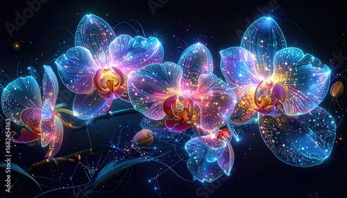 Glowing ethereal orchids, translucent petals ablaze with colorful specks of light, intertwined with delicate, flowing lines against a deep, rich background