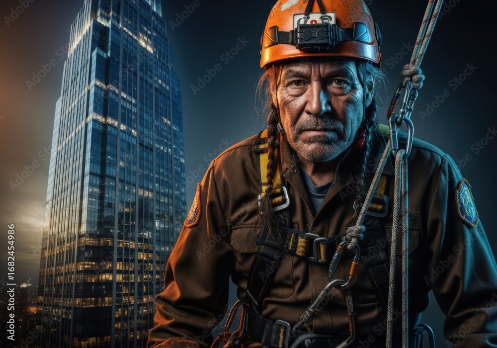 Obraz premium experienced industrial climber wearing helmet and safety harness, working high above city skyline near skyscraper, concept of construction, danger, resilience and extreme urban professions