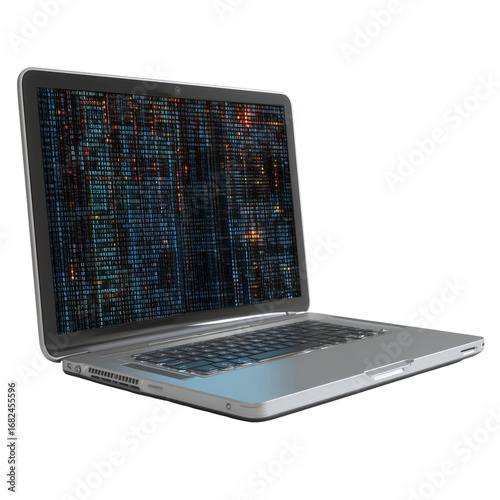 Laptop displaying lines of code with a dark background in a studio environment shot isolated on transparent background