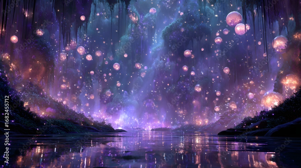 Fototapeta premium Mystical Fantasy Cave with Glowing Orbs - Ethereal Sci-Fi Landscape