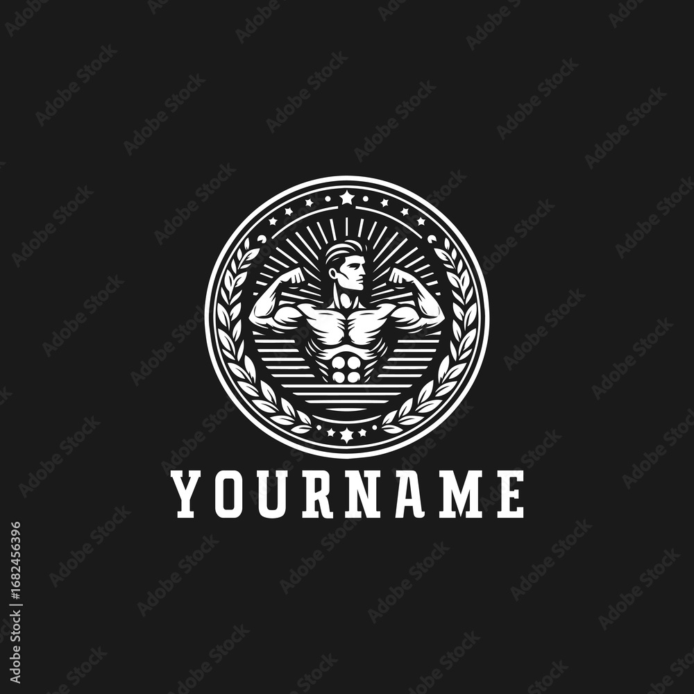 Fototapeta premium Gym logo featuring a muscular man flexing his biceps for fitness.