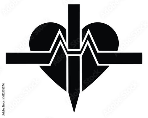 Medical Cross with Heartbeat Symbol - Black and White Icon