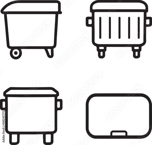 Garbage Container Silhouette Line Art Icons Set Side, Front, Back, and Top Views Vector Illustration