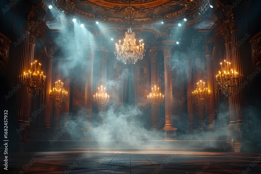 Naklejka premium Grand chandelier lights shining on opera stage high resolution picture