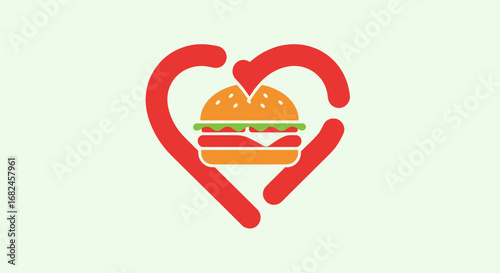Heart-shaped outline embracing a delicious burger symbolizing love for fast food.