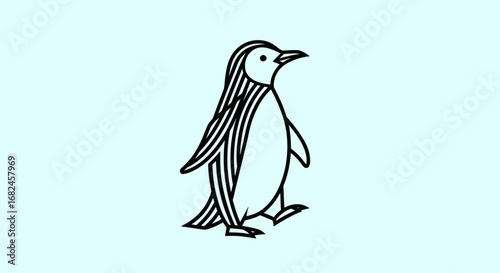 Stylized black and white line art illustration of a walking penguin.