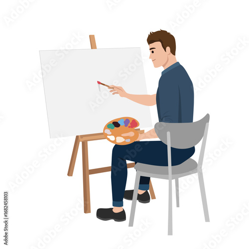 Man painting on a blank canvas with a color palette, symbolizing creativity and artistic expression. Flat vector illustration isolated on white background