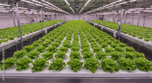 Indoor hydroponic farm with rows of vibrant green lettuce plants in a modern agricultural facility