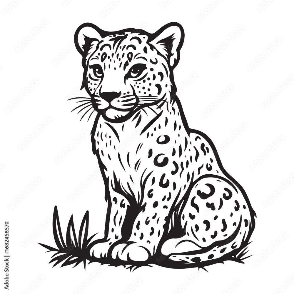 Obraz premium A black and white silhouette vector illustration of a leopard, isolated on a white background.