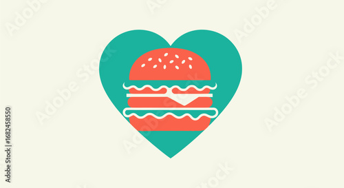 Heart with Burger Icon Flat Design.