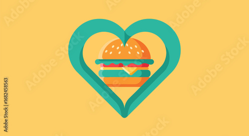 Heart-shaped frame with a delicious burger inside symbolizing love for fast food.