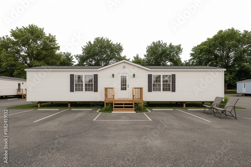 White manufactured home, park setting, exterior view,  real estate listing