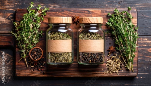 Still life two glass jars of spices on a wooden board with fresh herbs and peppercorns, evoking rustic, organic cooking vibes