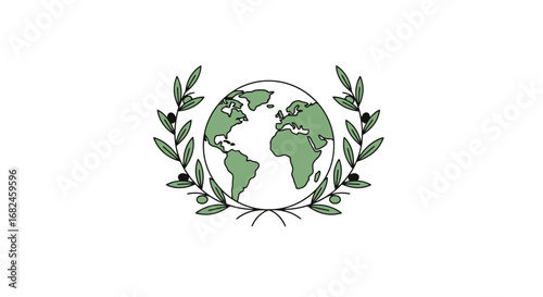 Minimalist Globe Illustration Framed by Olive Branches, Symbolizing Peace, Sustainability, and Global Connection, Suitable for Environmental and Humanitarian Projects
