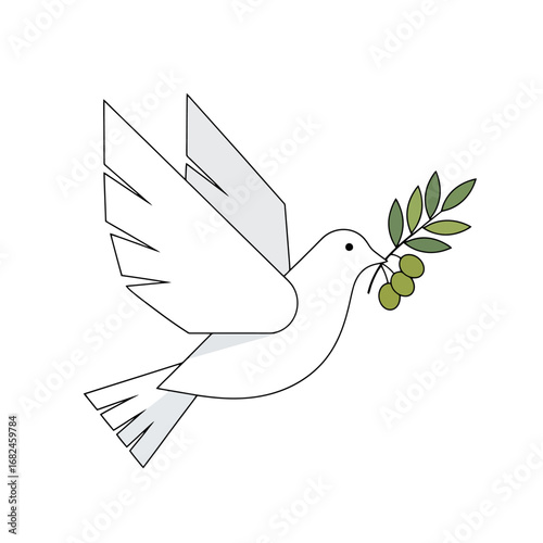 Minimalist White Dove Illustration with Olive Branch Symbolizing Peace and Hope, Ideal for Promoting Harmony, Solidarity, and International Understanding