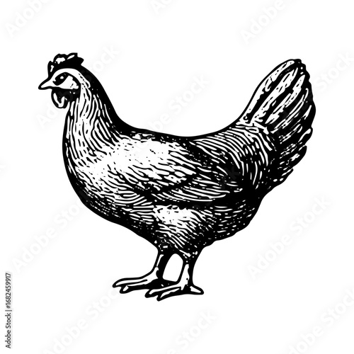 Vintage Engraving of Chicken Farm Animal, Detailed Poultry Drawing