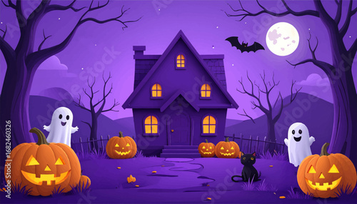 Halloween night with spooky house. Haunted house with glowing pumpkins. Ghosts and pumpkins on Halloween night. Spooky Halloween yard with ghosts. Haunted house with bats and pumpkins
